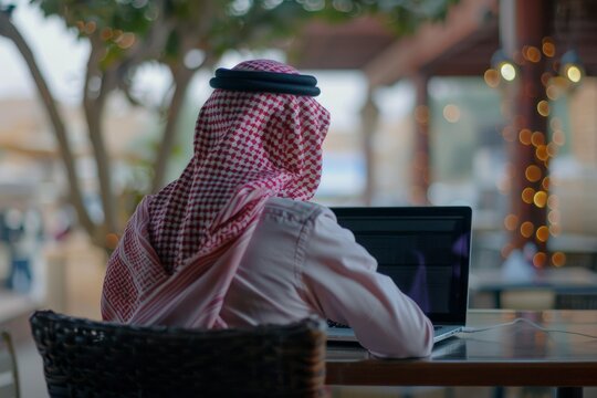 Cinematic shot: Saudi young man in thobe and shemagh working on laptop in public place, from behind.






