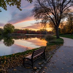 Obraz premium Tranquil park setting during sunset with colorful autumn trees, a winding path, and a peaceful lake reflecting the warm sky hues.