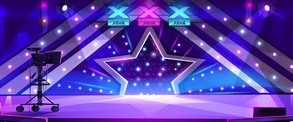 Talent show stage with camera and spotlights. Vector cartoon illustration of empty scene with neon illumination and star decoration, jury vote signs on top, tv studio interior ready for live broadcast