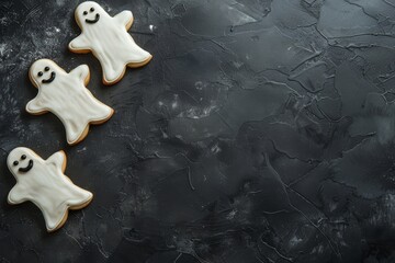 Fototapeta premium Halloween cookies ghost side view on dark table, top view. Sweets for children for Halloween.
