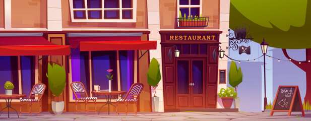 Cartoon restaurant outside eating area with coffee cup on table, chairs and decorative plants in pots near large windows and red door of cafe exterior. Terrace on sidewalk near building in city. - obrazy, fototapety, plakaty