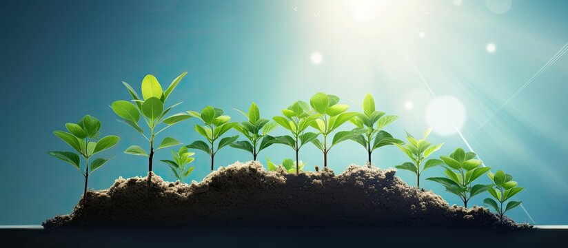 A young green plant is emerging and growing from the brown soil, showing early stages of growth and development