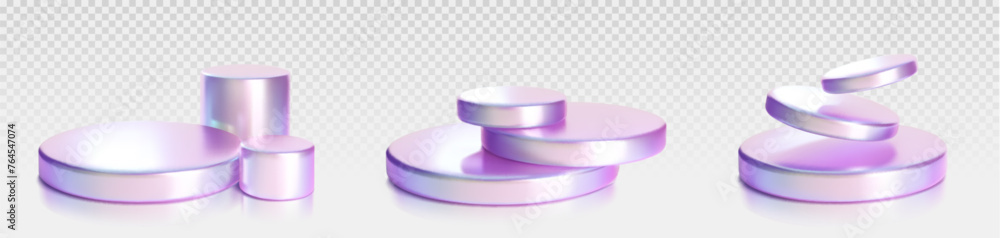 Poster 3d set of holographic round and cylinder shape objects isolated on transparent background. vector re