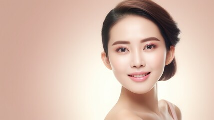 Japanese 30-40 years old woman with smooth healthy face skin. Skincare commercial portrait. Chinese, Korean asian woman touch face. Beauty and cosmetics skincare advertising concept