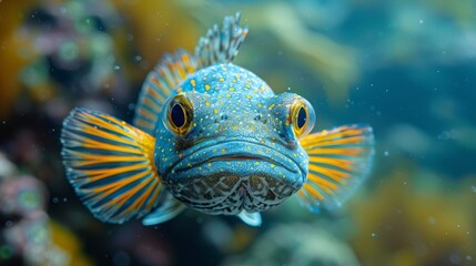  Blue-and-yellow fish with orange stripes on its head against coral background, close up