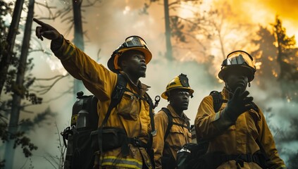 A squad of firefighters, wearing helmets, stands in front of a raging forest fire. The scene resembles a dramatic event from an action film or adventure game - obrazy, fototapety, plakaty