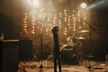Closeup of a microphone stand in a small concert venue with a program cover in the background. Concept Concert Venue, Microphone Stand, Program Cover, Closeup Shot - obrazy, fototapety, plakaty