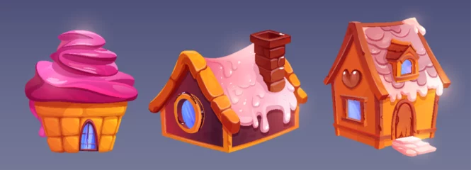  Gingerbread houses set isolated on background. Vector cartoon illustration of sweet candy land design elements, cookie houses with icing on roof, ice cream decoration, fantasy dessert buildings © klyaksun