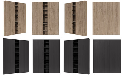 Wooden beige and black Modern cabinet set isolated on white background. Furniture collection. Closet or wardrobe design element.