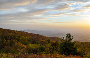 Hazy Morning Overlook at Shenandoah National Park along the Blue Ridge Mountains in Virginia