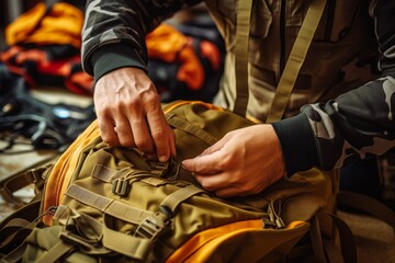 
Detailed shot of hands adjusting the straps on a rucksack, preparing for a rucking exercise - obrazy, fototapety, plakaty