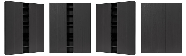 Wooden Black Modern cabinet set isolated on white background. Furniture collection. Closet or wardrobe design element.