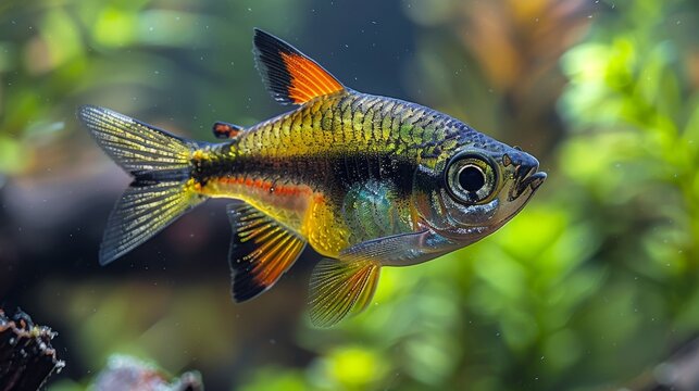  A close-up image of a fish in an aquarium, surrounded by green plants in the background and clear water in the foreground