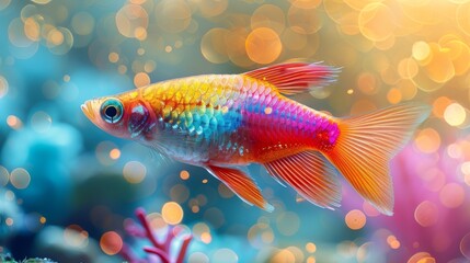  A fish, clearly visible, swims in a colorful coral reef tank, while the background water softly blurs