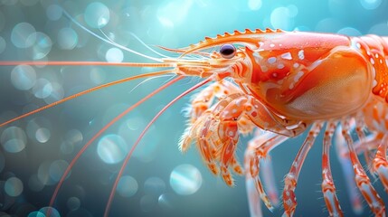  Red and white shrimp on blue-green backdrop with soft focus light