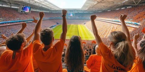 Fans at a World Soccer competition event cheer on their favorite players, raising their arms in jubilation, creating a lively crowd on the grass field. AIG41