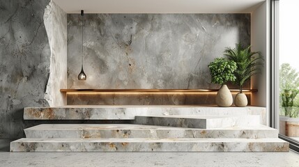  A marble staircase flanked by a planter and two vases on either side - obrazy, fototapety, plakaty