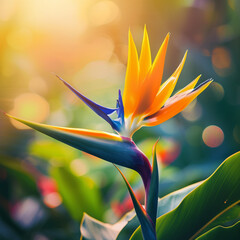 Obraz premium Bird of paradise plant in a lush garden setting, sunlit and flourishing
