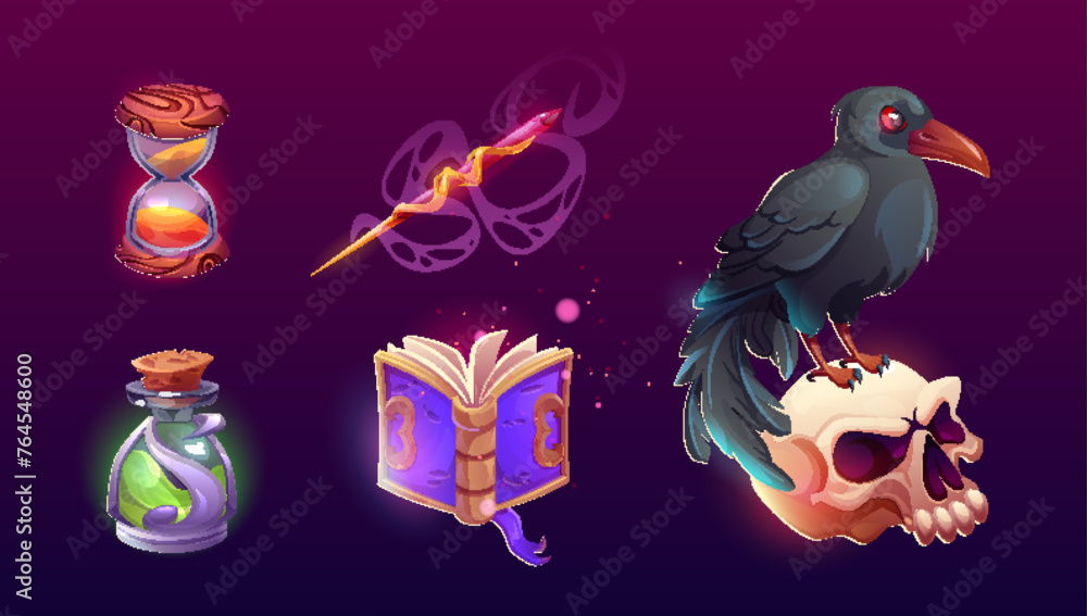 Poster wizard game icon with magic book ui set. fantasy medieval halloween object with element for witchcra