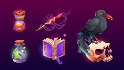 Gordijnen Wizard game icon with magic book ui set. Fantasy medieval halloween object with element for witchcraft. Alchemy potion bottle, skull, hourglass, raven and wand mystery asset design for hallowen app © klyaksun