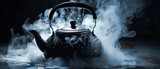 Fotobehang An up-close view of a traditional tea kettle releasing steam, creating a warm and cozy atmosphere © 2rogan