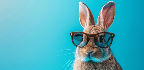Fototapeta na wymiar Happy smiling rabbit wearing colorful sunglasses on blue background with copy space for text