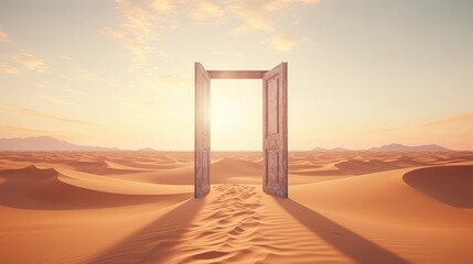 Opened door on desert. Unknown and start up concept. This is a 3d illustration - obrazy, fototapety, plakaty