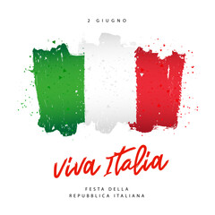 Inscription in Italian - June 2 - the day of the Republic of Italy. Viva Italia. Italian flag, hand-drawn. Vector illustration