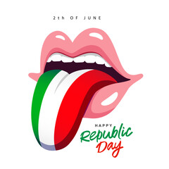 Human tongue in the colors of the Italian flag sticks out of its mouth. June 2 is the Day of the Republic of Italy. Flag of Italy.