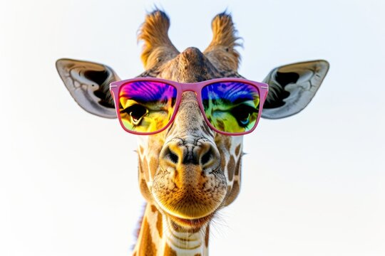 Giraffe with colorful glasses on a white background, closeup portrait photography in the style of a fashion magazine studio shot