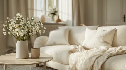 Bright and airy living room detail with pink flowers on a coffee table and cozy white sofa