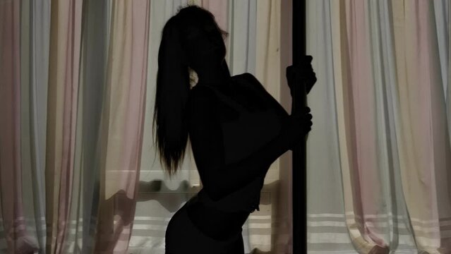 The silhouette of a sexy woman dancing on a pole in a dance studio against the background of a large window.