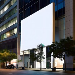 A blank white advertising billboard on an office building wall at night, providing a prime space for displaying digital or printed ads. - obrazy, fototapety, plakaty