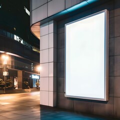 A blank white advertising billboard on an office building wall at night, providing a prime space for displaying digital or printed ads. - obrazy, fototapety, plakaty