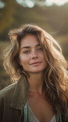 Fototapeta premium Female portrait with a serene expression, Outdoor setting with a blurred natural background