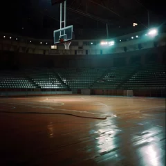 Foto op Canvas A deserted basketball arena with flashlights casting a dramatic glow, capturing the emptiness and solitude of a once lively sports ground. © Hasanul
