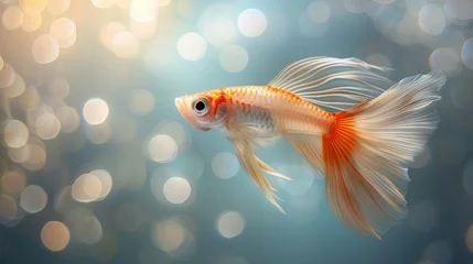 Fotobehang  A photo of a close-up goldfish on a blue-white background, blurry lights in the backdrop © Mikus