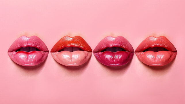 A collection of diverse lip shapes, each featuring a pink background. Adorning each lip shape is a lipstick, available in shades of peachy orange, dark red, or light pink.