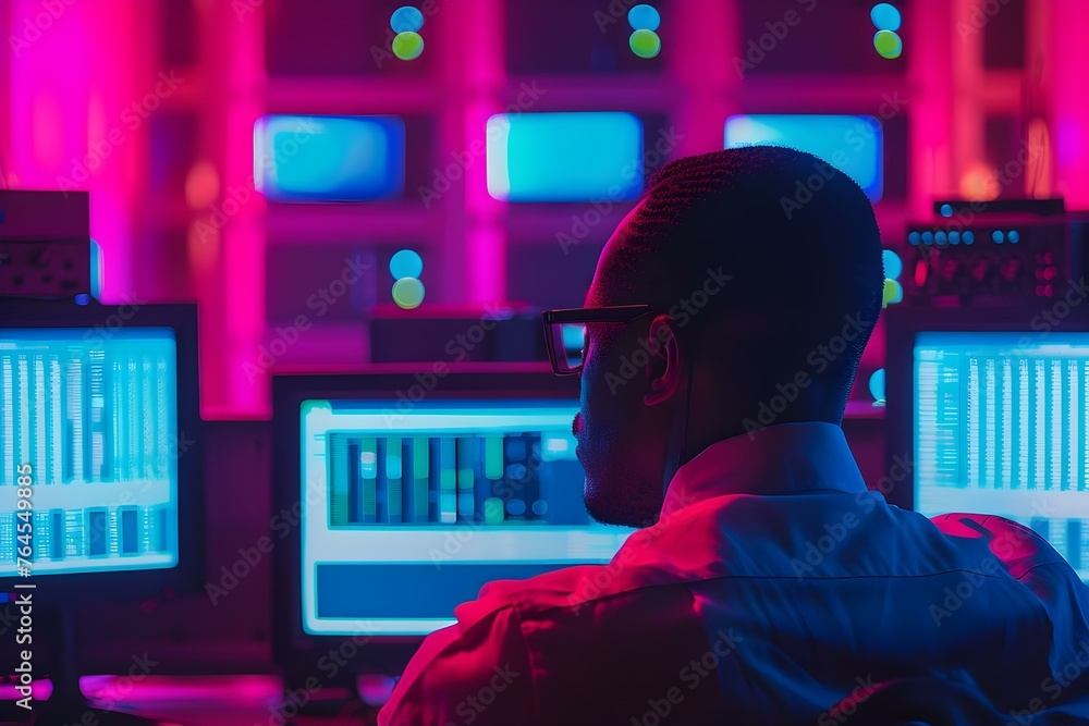Poster a security expert monitors computer screens in a network operations center near a server room. conce