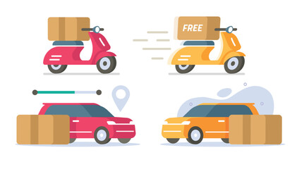 Car local delivery service icon vector set, motor scooter bike courier free fast shipping flat cartoon graphic illustration, auto vehicle parcel pack box food shipment, freight packet pickup image © vladwel