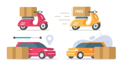 Fotobehang Car local delivery service icon vector set, motor scooter bike courier free fast shipping flat cartoon graphic illustration, auto vehicle parcel pack box food shipment, freight packet pickup image © vladwel