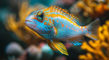Fototapeta premium A blue-yellow fish in focus among corals, with other corals visible in the background