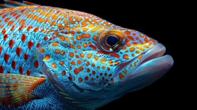  Close-up image of a fish with orange and blue spots on its body against a black background