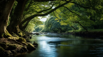 Canopy of trees and calm river in forest