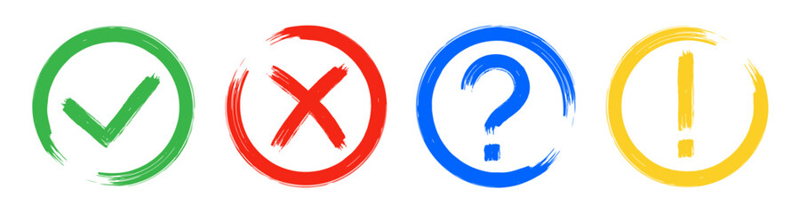 Obraz premium Dirty grunge cross x, tick OK, exclamation and question check marks in check boxes, hand drawn with brush strokes vector illustration isolated background. Exclamation, question mark, NO, YES symbols.