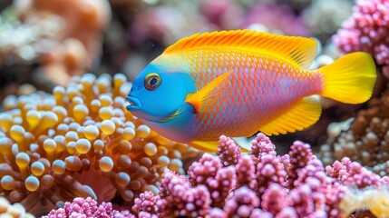  A fish close-up on coral, surrounded by coral & sea anemones