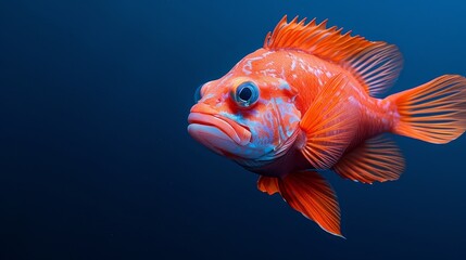  A close-up of a golden-orange fish swimming in azure waters, illuminated by a soft light from above