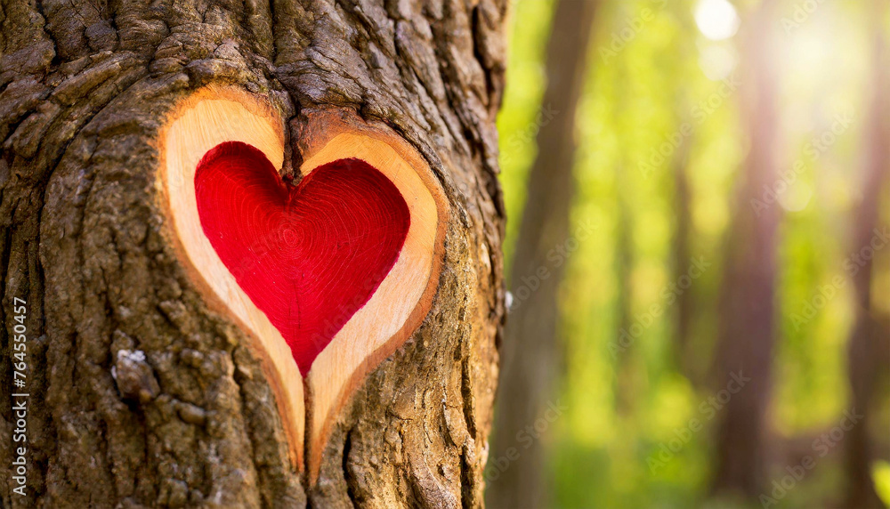 Poster extreme closeup of a red heart carved into a tree trunk in a green forest with copy space. valentine