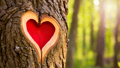 Extreme closeup of a red heart carved into a tree trunk in a green forest with copy space....