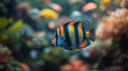  Fish in aquarium with many fish, plants backdrop, close-up focus